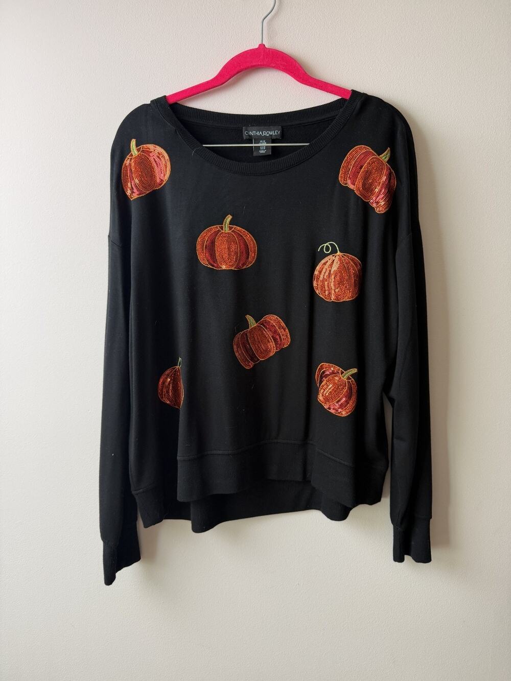 Cynthia Rowley Fall Autumn Halloween Orange Sequin Pumpkin Sweatshirt M
